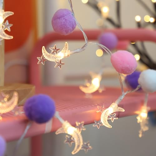 ChiRee Star String Lights with Purple Pom Poms - color: Purple-Moon Star