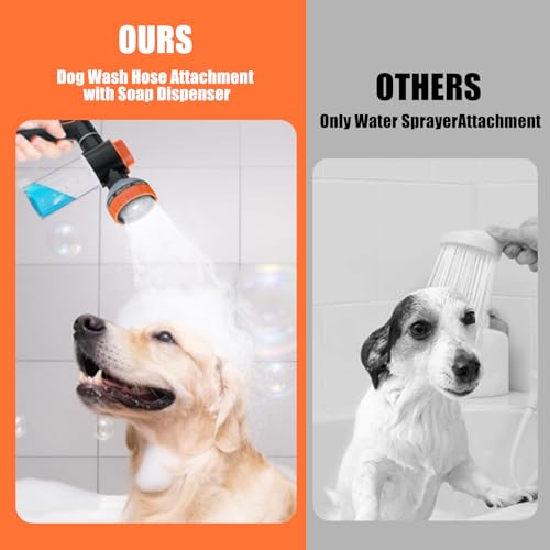 Dog Shower Attachment with Soap Dispenser, Upgraded Dog Washing Hose Attachment for Pet Bathing, High Pressure Foam Sprayer with 10 Spray Modes and Grooming Brush