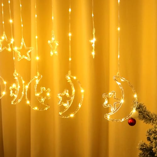 15.7 FT Star Moon Curtain String Lights Bedroom, 115 LED Ramadan Fairy Twinkle Light Window, 8 Lighting Modes Timer Memory, Wall Backdrop Room Holiday Indoor Outdoor Christmas Decoration, USB Operated