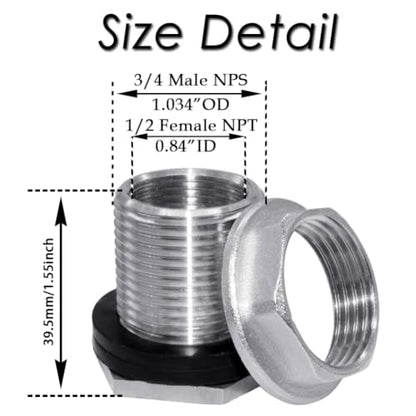 Beduan 3/4 NPS Male to 1/2 NPT Female Bulkhead Water Tank Connector Stainless Steel Thru-bulk Fitting (Pack of 2) - size: 1/2 NPT to 3/4 NPS