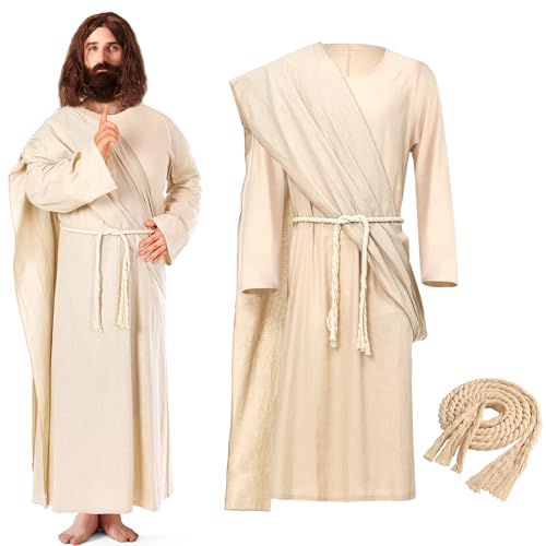 Haull Biblical Jesus Robe Costume 3 Pcs Set - color: Linen Color, size: X-Large