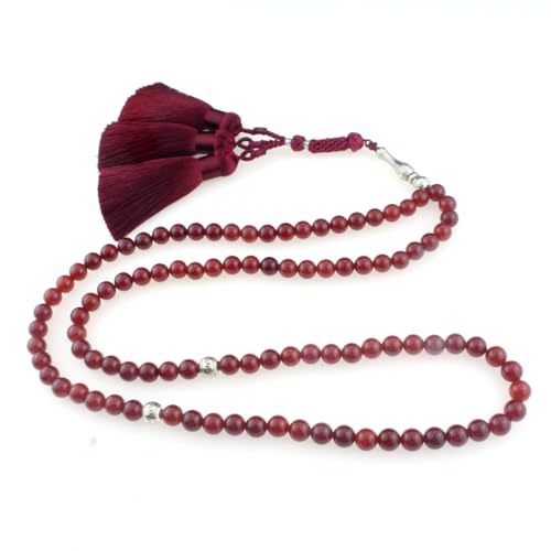 Muslims Islamic Dhikr Tasbeeh Tasbih Prayer Beads, 99 Red Agate Stone Beads with Tassel