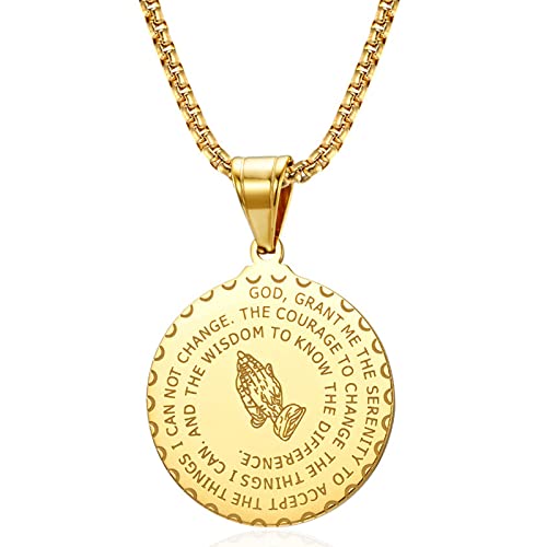 Serenity Prayer Necklace Praying Hands Coin Pendant for Men Women - color: Gold