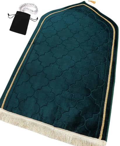 Islamika Prayer Mat Islamic Muslim Rug - Thick Padded mat Sajadah Men Women with Islam Prayer Beads for Eid Travel Ramadan, Soft and Padded (Green) - color: Green