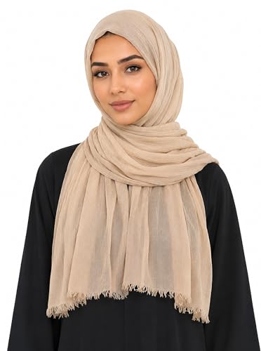 Cotton Linen Plain Hijab Scarf For Women,Muslim Viscose Crinkle Edge With Fringe,Summer Beach Wrap Headwraps Shawl - color: 21#beige