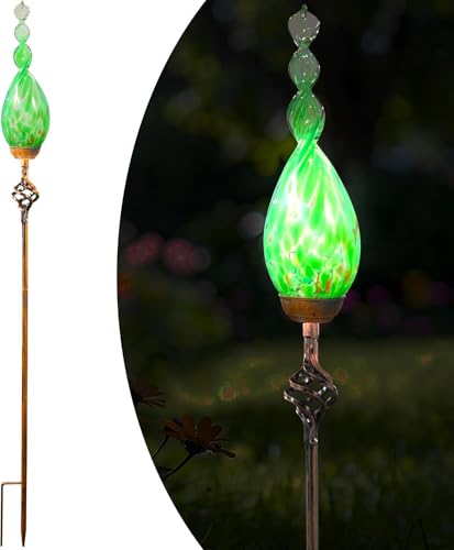 Garden Solar Lights, Green Flame Solar Lights Outdoor - Hand Blown Glass Decorative Garden Pathway Lights Outdoor Waterproof Flame Glass Stakes - color: Green