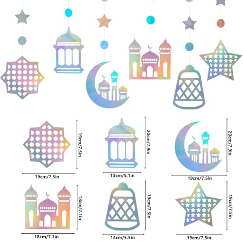 Iridescent Ramadan Decorations for Home, 6 Pcs Star Moon Mosques Garland Islamic Hanging Streamers Backdrop Holographic Eid Mubarak Banner for Birthday Wedding Night Party Supplies