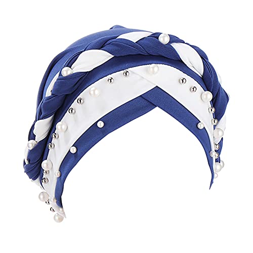 Fxhixiy Women Chemo Beanie Beaded Pearl Braid Turban Headwear for Hair Loss - color: Blue White