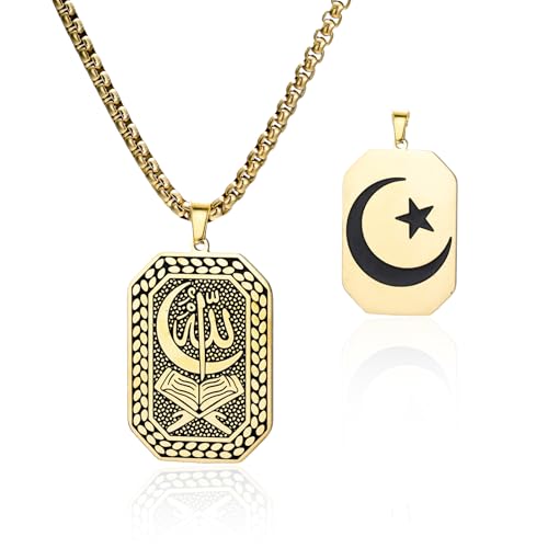 VASSAGO Islamic Necklace for Men Double Sided Allah Crescent Moon Star Dog Tag Pendant Stainless Steel Muslim Jewelry for Ramadan Eid - color: Gold