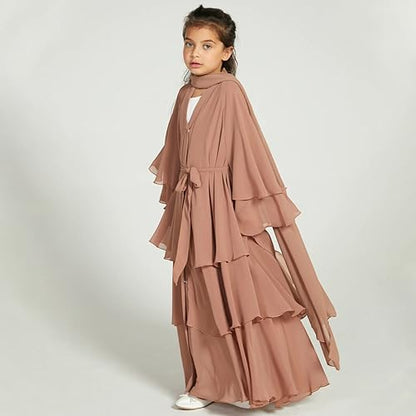 IDOPIP Muslim Girls Abayas Dress for Kids Long Sleeve Chiffon Islamic Kaftan Robe Open Front Cardigan Prayer Dress with Hijab - color: Light Brown, size: 4-5T
