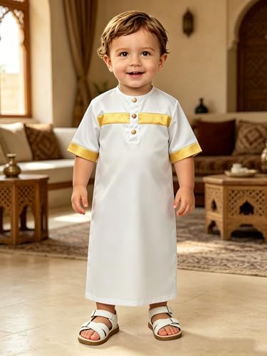 Toddler Ramadan Eid Outfit Traditional Middle Eastern Short-Sleeve Crew-Neck Thobe Kaftan Prayer Clothes - color: White, size: 3-6 Months