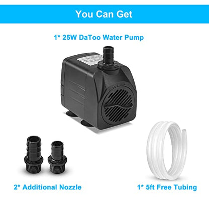 DaToo 400GPH 25W Submersible Water Pump Fountain Pump Ultra Quiet For Aquariums Fish Tank Pond Fountain Statuary Water Feature Hydroponics - size: 25W 400GPH (With 5ft Free Tubing)
