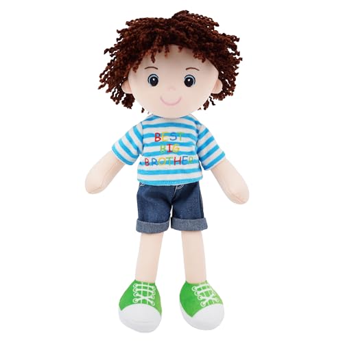 June Garden 14" Snuggle Cutie Benny – Best Big Brother Soft Plush Doll – Stuffed Boy Doll with Blue Striped Shirt and Green Shoes – Ideal Gift for Toddlers & Big Brother Celebrations - Blue M - color: 14" Big Brother Benny, size: Medium
