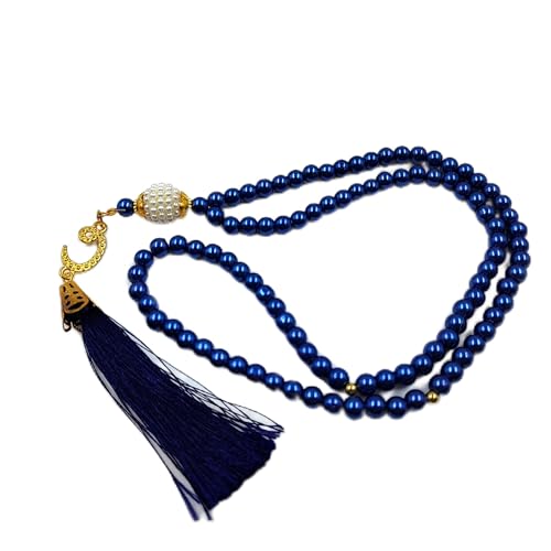 BAYKUL Muslim Prayer Beads 99, Islamic Rosary with Silver Allah Muhammad Engraved Tasbih, Zikr Namaz Worship Ramadan Tesbih Bracelet - color: Navy Blue Pearl