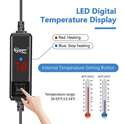 hygger Small Aquarium Betta Heater, Submersible Fish Tank Heater 10W/25W/50W/100W with LED Digital Display, Suitable for Marine Saltwater and Freshwater up to 5/10/16/26 Gallon - size: 50W
