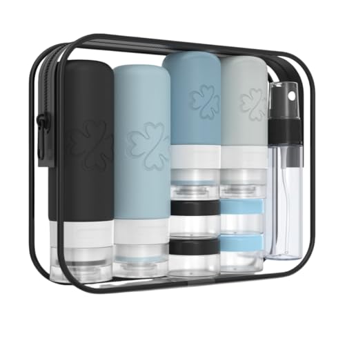 18 Pack TSA Approved Travel Bottles for Toiletries – Leak Proof Silicone Refillable Containers Set with Toiletry Bag, Squeeze Bottles, Spray Bottles & Cream Jars for Shampoo, Conditioner & Lotion
