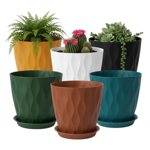 Plant Pots 8 Inch, 6 Pack Plastic Flower Pots for Indoor & Outdoor Plants, Planters with Drainage Holes and Saucer, Garden Pot for Plants (Multicolor) - color: Multicolor