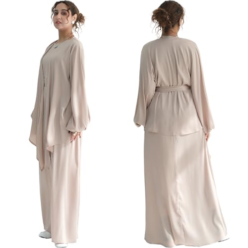 2PCS Muslim Abaya Dress for Women Smooth Satin Prayer Cardigan with Belt - color: Khaki, size: X-Small-Small