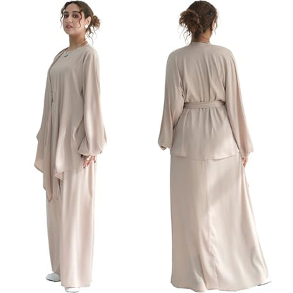 2PCS Muslim Abaya Dress for Women Smooth Satin Prayer Cardigan with Belt - color: Khaki, size: X-Small-Small