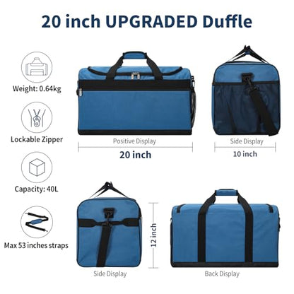 20 inch Gym Bag for Men, Royal Blue | 40L Capacity, Sport Duffle Bag, Weekender Duffel Bag, Travel - color: Royal Blue