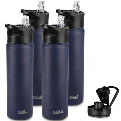 HASLE OUTFITTERS Insulated Water Bottle 22 oz Double Wall Stainless Steel Water Bottle Wide Mouth with Straw Lid & Spout Lid Keeps Cold or Hot(Navy,4) - color: Navy, size: 22oz- 4 Pack