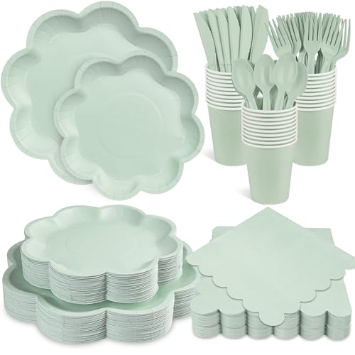 350 Pcs Sage Green Paper Plates and Napkins Set, Tableware Set for 50 Guest - color: Sage Green