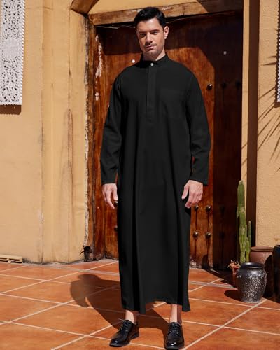 YAOHUOLE Men Islamic Caftan Thobe Big and Tall Kaftan with Pocket Mens Arab Thobe Men Kaftan Thobe - color: Black, size: 3X-Large