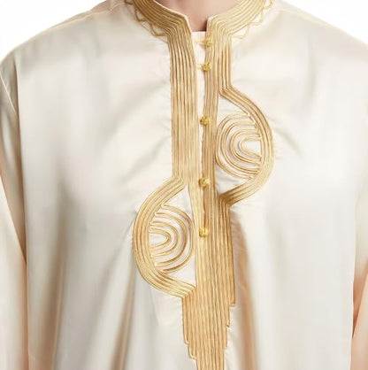 Men's Ankle-Length Thobe With Round Neck And Intricate Gold Embroidery - color: Beige and Gold, size: Medium