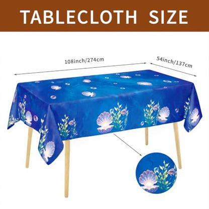 8x6 FT+9x4.5 FT Mermaid Backdrop Tablecover Set Under The Sea | Underwater Ocean Scene with Giant Shell Pearl,Party Decorations,Coral Fish Aquarium Background,Birthday,Baby Shower,Card - size: 8x6 FT+9x4.5 FT