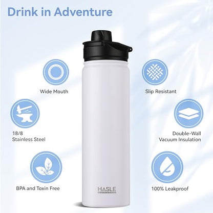 HASLE OUTFITTERS Insulated Water Bottle 22 oz Double Wall Stainless Steel Water Bottle Wide Mouth with Straw Lid & Spout Lid Keeps Cold or Hot(White,1) - color: White, size: 22 Ounces