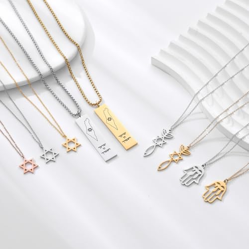 Stainless Steel Jewish Jewelry - Star of David/Hamsa Hand/Menorah/Israel Map Pendant – Israel Necklace for Women & Men - Religious Gifts for Hanukkah, Bar Mitzvah include a Gift Box - color: Gold-Hamsa Necklace