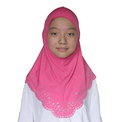 Girls Hijab with Rhinestones – Sparkly Non-Slip Amira Scarf for Kids, for Daily Prayer, School, Ramadan & Eid (Ages 4-12) - color: Rose Red-wavy Edge