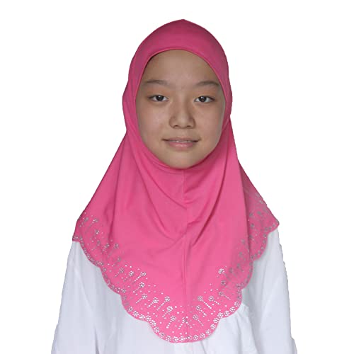 Girls Hijab with Rhinestones – Sparkly Non-Slip Amira Scarf for Kids, for Daily Prayer, School, Ramadan & Eid (Ages 4-12) - color: Rose Red-wavy Edge