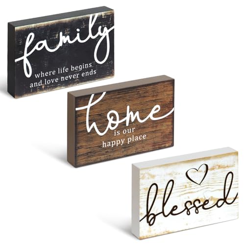 3Pcs Rustic Wood Signs with Family Home Blessed Print Small Farmhouse Wood Decorative Table Shelves Decorations Sign Wood Work for Bedroom Living Room Kitchen Table Entryway Fireplace Decor - color: Blessed Home
