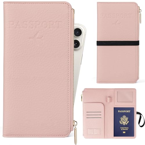 TIGARI Leather Passport Holder, RFID Blocking Wallet for Women, Zipper Pocket Card Slots, Waterproof Travel Accessories (Pink) - color: Pink