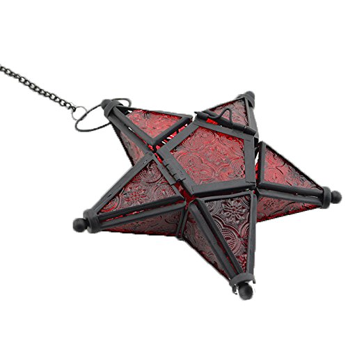 Star Lantern Hanging Glass Star Red Decoravtive Lantern Candle Holder for Home Patio Garden Decoration Red - color: Red
