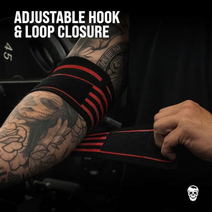 Gymreapers Weightlifting Elbow Wraps (1 Pair) - Flexible 40'' Elbow Compression Strap & Joint Support Brace - for Bench Press, Powerlifting, and Pressing - color: Red