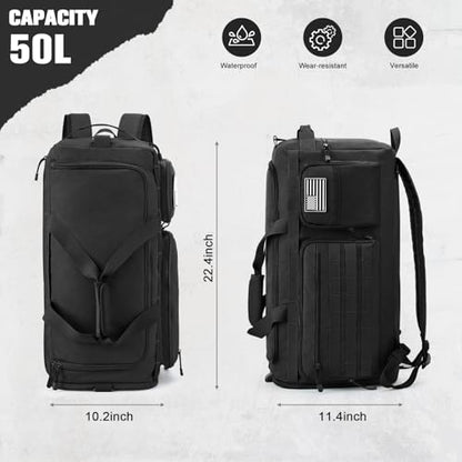G4Free 3-in-1 Duffle Bag Travel Gym Sports, Large Tactical Duffel Backpack | 50L/65L with Shoes Compartment and Wet Pocket, Military Workout Bag for Men and Women, Black - color: Black