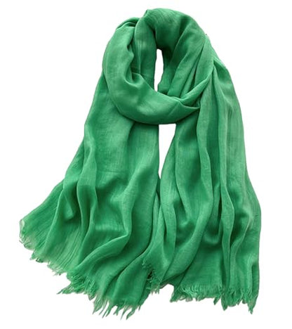 Solid color cotton and linen scarf, wrinkled all season versatile long sunscreen fashionable shawl - color: Emerald Green