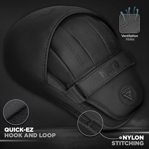 RDX Boxing Pads Curved Focus Mitts, Maya Hide Leather Kara Hook and jab Training Pads, Adjustable Strap Ventilated, MMA Muay Thai Kickboxing Coaching Martial Arts Punching Hand Target Strike Shield - color: Black