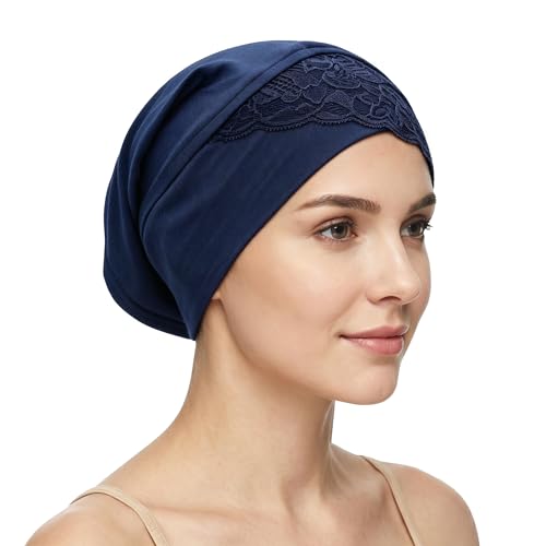 ZLYC Hijab Cap for Muslim Women Soft Stretchy Open-Back Underscarf Hat Breathable Inner Hijab Undercap - color: Lace Navy