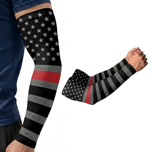 ARMORAY Arm Sleeves for Men UV Protection Cooling SPF 50 Sun Sleeves Sports - color: Usa Flag Black + White Red Line