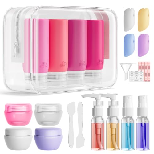 Muslish 21 Pack Travel Bottles for Toiletries, Leak-Proof TSA Compliant Silicone Travel Size Containers for Shampoo and Conditioner, BPA Free with Toiletry Bag (Pink) - color: Pink