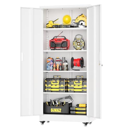 Greenvelly 73" Metal Storage Cabinet with Wheel, Lockable White Metal Garage Cabinets with 2 Doors and 4 Adjustable Shelves, Rolling Steel Tool Cabinet for Garage, Home Office, School - color: White, style: 73"H-Wheels