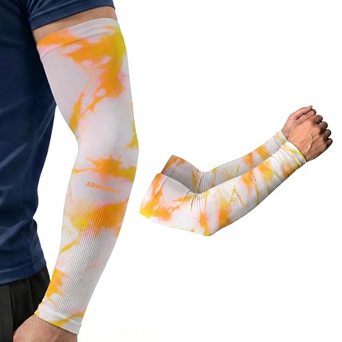 ARMORAY Arm Sleeves for Men UV Protection Cooling SPF 50 Sun Sleeves Sports - color: Orange Tie & Dye