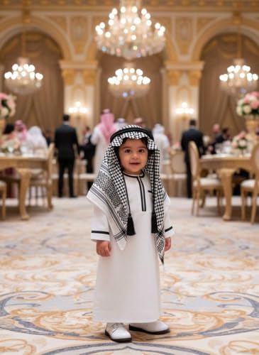 ODASDO Muslim Baby Boys Abaya Robe with Head Scarf Toddler Kids Newborn Prayer Outfit Islamic Clothing - color: White + Black, size: 6-12 Months