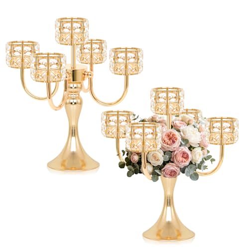 5 Arm Metal Crystal Candelabra Centerpiece - 13.4 Inch Elegant Candle Holder with Crystal Beads for Wedding Party Christmas Home Dining Table Decoration (2, Style-B-Gold) - color: Style-b-gold