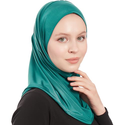 Plain Ready To Wear Amira Hijab for Women - Muslim Instant Amira Jersey Scarf – Soft Muslim One Piece Instant Hijab Headscarf - color: Dark Green