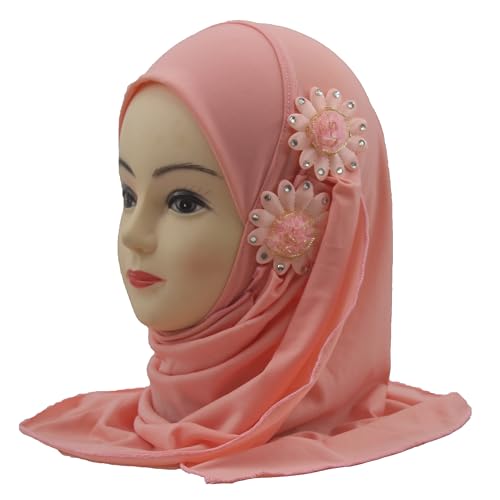 Soft Instant Hijab for Kids Girls Muslim Headscarf Islamic Scarf Shawl Wrap with Flowers - color: Orange Pink-2 Flowers