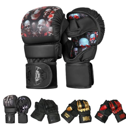 MMA Fighter Grappling Gloves Sparring Gloves Training Gloves - color: Red/Skull, size: Small-Medium